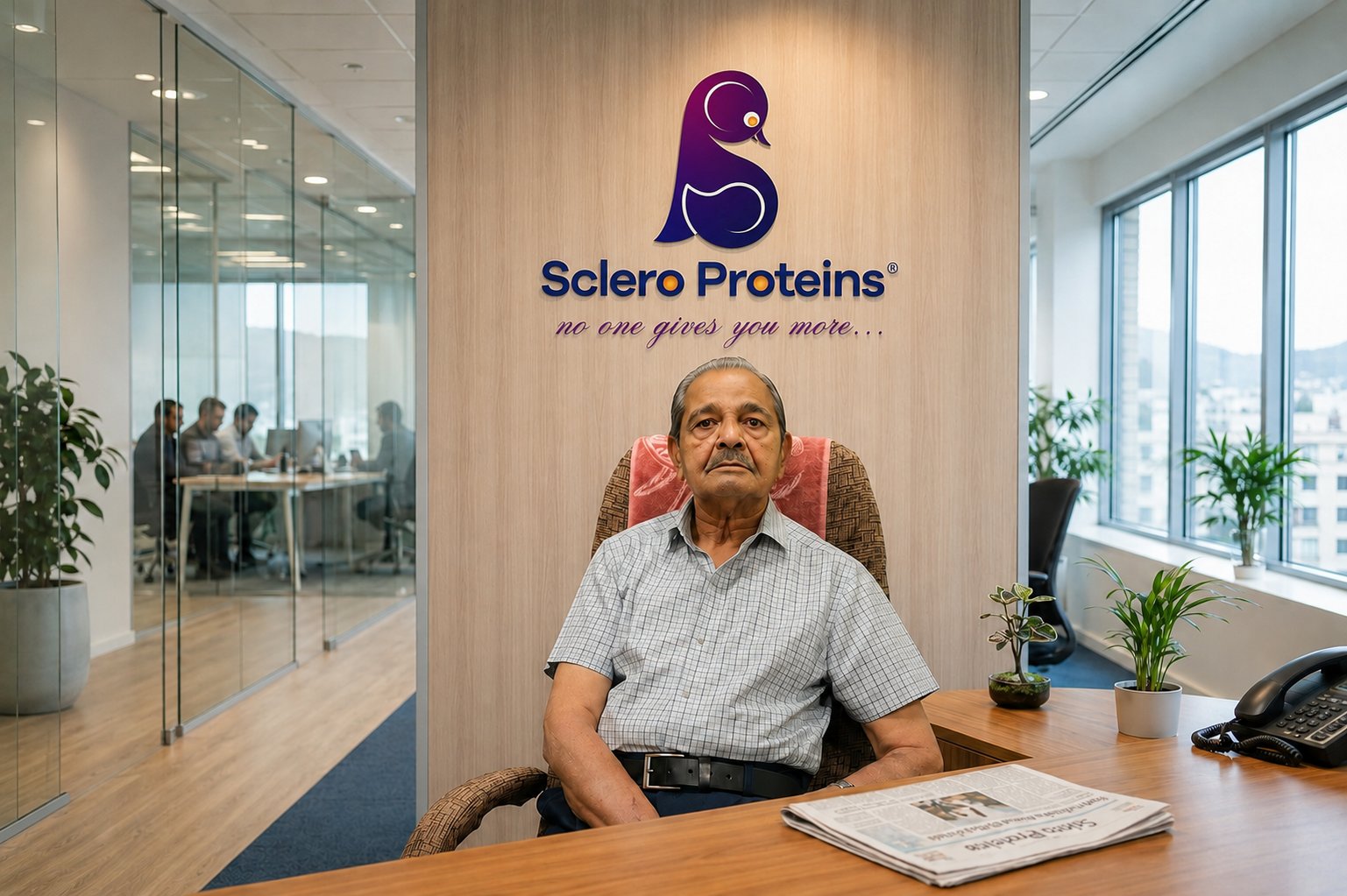 Sclero Proteins founder seated at his desk beneath the company logo in the head office
